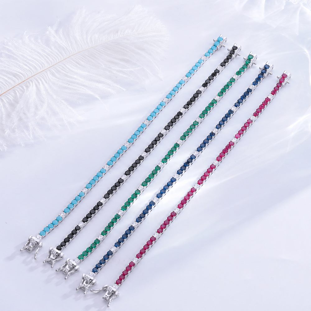 Five 3mm 925 silver tennis chain bracelets with different stone colors