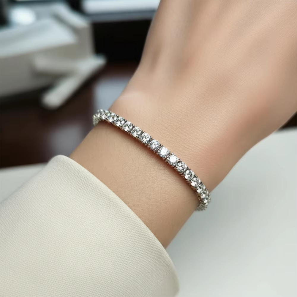 Moissanite 925 silver bracelet close-up on wrist