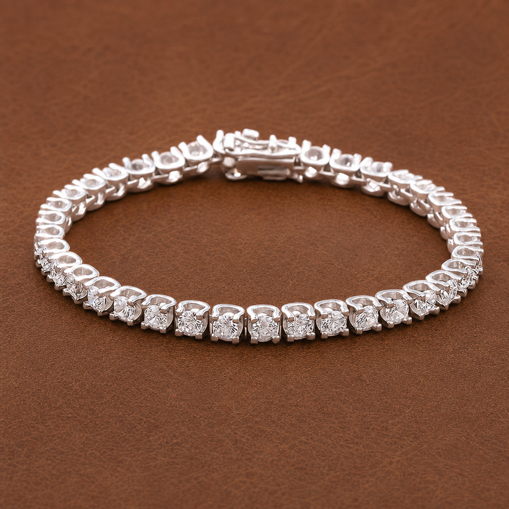 Moissanite 925 silver tennis bracelet on a brown display surface
